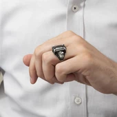 Kartal Motifli Kare Siyah Taşlı 925 Gümüş Erkek Yüzük - 5