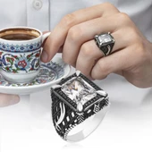 Zülfikar Desenli Beyaz Kare Zirkon Taşlı 925 Gümüş Erkek Yüzük thumbnail 10