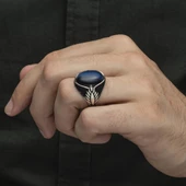 Mavi Kaplan Gözü Taşlı Oval 925 Gümüş Erkek Yüzük thumbnail 7