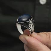 Mavi Kaplan Gözü Taşlı Oval 925 Gümüş Erkek Yüzük thumbnail 8