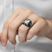 Zülfikar Desenli Beyaz Kare Zirkon Taşlı 925 Gümüş Erkek Yüzük thumbnail 9