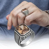 Sitrin Taşlı Yeni Tasarım 925 Gümüş Erkek Yüzük - 2