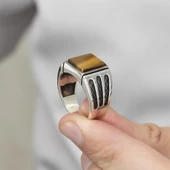 Kare Kaplan Gözü Taşlı 925 Gümüş Erkek Yüzük thumbnail 6