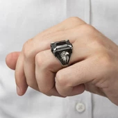 Kartal Motifli Kare Siyah Taşlı 925 Gümüş Erkek Yüzük - 6
