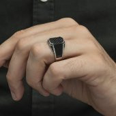Kare Siyah Mikro Taşlı 925 Gümüş Erkek Yüzük thumbnail 5