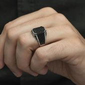 Kare Siyah Mikro Taşlı 925 Gümüş Erkek Yüzük thumbnail 6