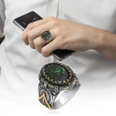 Oval Faset Kesim Yeşil Taşlı 925 Gümüş Erkek Yüzük thumbnail 2