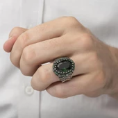 Oval Faset Kesim Yeşil Taşlı 925 Gümüş Erkek Yüzük thumbnail 5