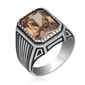 Sitrin Taşlı Yeni Tasarım 925 Gümüş Erkek Yüzük - 1