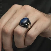 Mavi Kaplan Gözü Taşlı Oval 925 Gümüş Erkek Yüzük thumbnail 6