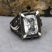 Zülfikar Desenli Beyaz Kare Zirkon Taşlı 925 Gümüş Erkek Yüzük thumbnail 12