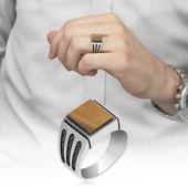 Kare Kaplan Gözü Taşlı 925 Gümüş Erkek Yüzük thumbnail 10