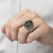 Oval Faset Kesim Yeşil Taşlı 925 Gümüş Erkek Yüzük thumbnail 4