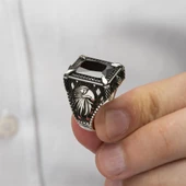 Kartal Motifli Kare Siyah Taşlı 925 Gümüş Erkek Yüzük - 9