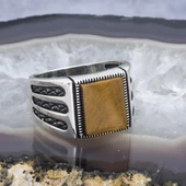 Kare Kaplan Gözü Taşlı 925 Gümüş Erkek Yüzük thumbnail 8