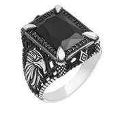 Kartal Motifli Kare Siyah Taşlı 925 Gümüş Erkek Yüzük - 4