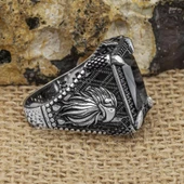 Kartal Motifli Kare Siyah Taşlı 925 Gümüş Erkek Yüzük - 10