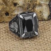 Kartal Motifli Kare Siyah Taşlı 925 Gümüş Erkek Yüzük - 12
