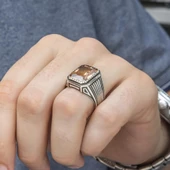 Sitrin Taşlı Yeni Tasarım 925 Gümüş Erkek Yüzük - 3