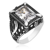 Zülfikar Desenli Beyaz Kare Zirkon Taşlı 925 Gümüş Erkek Yüzük thumbnail 5