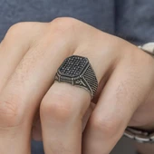 Lale Motifli Mikro Taşlı İşlemeli Gümüş Erkek Yüzük thumbnail 3