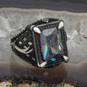 Zülfikar Desenli Kare Mistik Topaz Taşlı 925 Gümüş Erkek Yüzük thumbnail 2