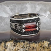 2 Sıra Kırmızı Taşlı 925 Gümüş Erkek Yüzük thumbnail 8