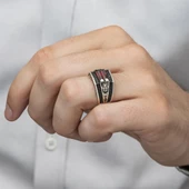 2 Sıra Kırmızı Taşlı 925 Gümüş Erkek Yüzük thumbnail 2