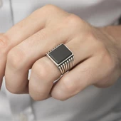 Kare Siyah Oniks Taşlı 925 Gümüş Erkek Yüzük - 8