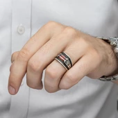 2 Sıra Kırmızı Taşlı 925 Gümüş Erkek Yüzük thumbnail 3