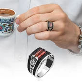 2 Sıra Kırmızı Taşlı 925 Gümüş Erkek Yüzük thumbnail 9