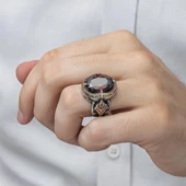 Kırmızı Taşlı 925 Gümüş Erkek Yüzük - 7