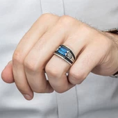 2 Sıra Mavi Taşlı 925 Gümüş Erkek Yüzük - 8