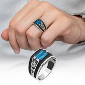 2 Sıra Mavi Taşlı 925 Gümüş Erkek Yüzük - 9