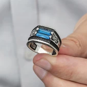 2 Sıra Mavi Taşlı 925 Gümüş Erkek Yüzük - 6