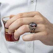 Kırmızı Taşlı 925 Gümüş Erkek Yüzük - 6