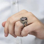 Kırmızı Taşlı 925 Gümüş Erkek Yüzük - 5