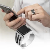 Kare Siyah Oniks Taşlı 925 Gümüş Erkek Yüzük thumbnail 12