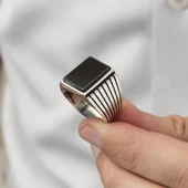 Kare Siyah Oniks Taşlı 925 Gümüş Erkek Yüzük - 9