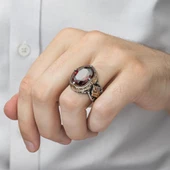 Kırmızı Taşlı 925 Gümüş Erkek Yüzük - 8