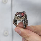 Kırmızı Taşlı 925 Gümüş Erkek Yüzük - 9