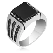 Kare Siyah Oniks Taşlı 925 Gümüş Erkek Yüzük thumbnail 11