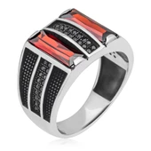 2 Sıra Dik Kırmızı Baget Taşlı 925 Gümüş Erkek Yüzük thumbnail 3