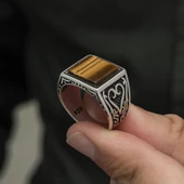 Kare Kaplan Gözü Taşlı 925 Gümüş Erkek Yüzük thumbnail 12