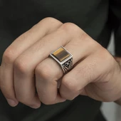 Kare Kaplan Gözü Taşlı 925 Gümüş Erkek Yüzük thumbnail 3