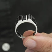 2 Sıra Dik Siyah Baget Taşlı 925 Gümüş Erkek Yüzük - 6