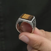 Kare Kaplan Gözü Taşlı 925 Gümüş Erkek Yüzük thumbnail 5