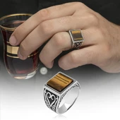 Kare Kaplan Gözü Taşlı 925 Gümüş Erkek Yüzük thumbnail 9