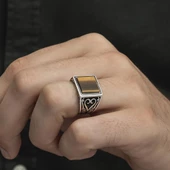 Kare Kaplan Gözü Taşlı 925 Gümüş Erkek Yüzük thumbnail 8