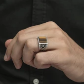 Kare Kaplan Gözü Taşlı 925 Gümüş Erkek Yüzük thumbnail 10